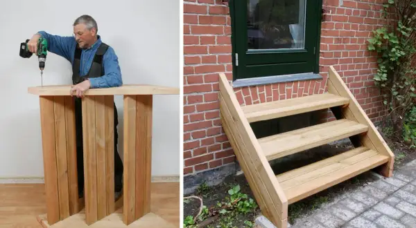 Man bygger en trappa utomhus av trä. En färdig trappa leder upp till en dörr.