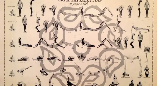 El cartel muestra las posturas de **ashtanga yoga que es** una secuencia de posturas físicas, respiración y meditación.