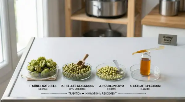 Der Unterschied Hopfen und Hopfenextrakt: Naturbelassene Hopfenkegel, Pellets, Cryo-Hopfen und flüssiger Extrakt auf einem Tisch.
