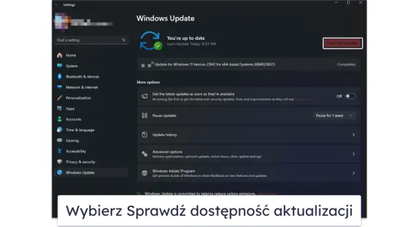 Ekran Ustawień Windows 11, sekcja Windows Update. Widoczna informacja o ostatniej aktualizacji i opcje zarządzania aktualizacjami.