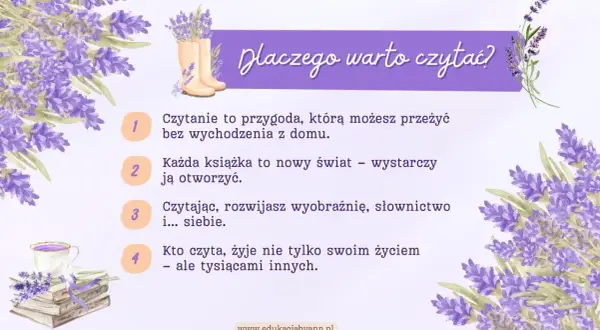Cytaty zachęcające do czytania książek dla dzieci: "Czytanie to przygoda", "Każda książka to nowy świat", "rozwijasz wyobraźnię", "żyje tysiącami innych".