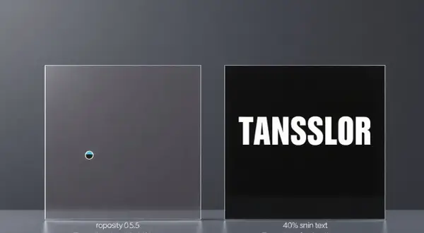 Deux panneaux : l'un transparent avec un petit cercle bleu et blanc, l'autre noir avec le mot "TANSSLOR" en blanc. Illustration de la transparence CSS.