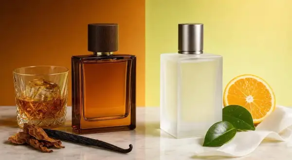 Dwa flakony perfum: jeden bursztynowy z drewnianą nakrętką, obok szklanka whisky i laska wanilii, drugi matowy, z metalową nakrętką, obok plaster pomarańczy i liście. Zapach erba gold.
