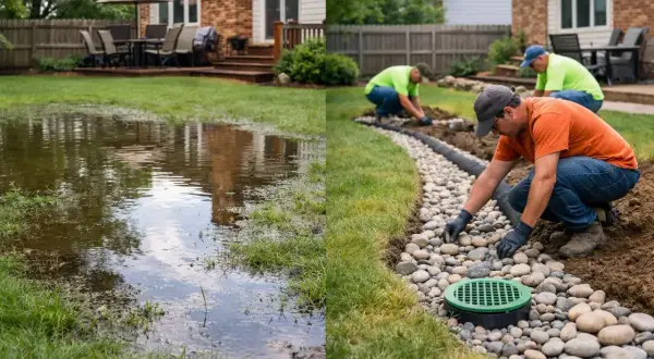Before and after: a flooded yard is transformed by workers installing a drainage system, solving the ponding problem.