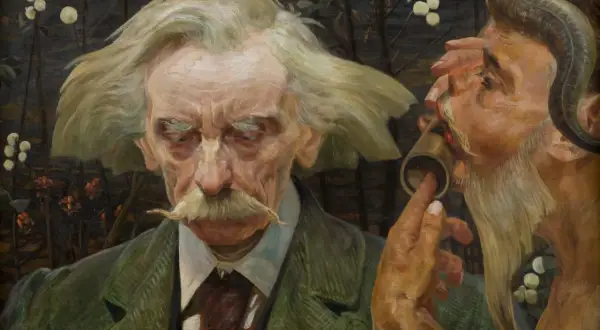 Portret mężczyzny z wąsami i faunem, symbolizm cechy malarstwa. Tajemnicza interakcja w mrocznym lesie.