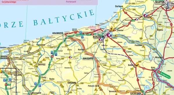 Mapa drogowa Pomorza Zachodniego z zaznaczonymi trasami rowerowymi Darłowo i okolic.