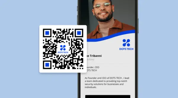 Digital business card examples: A QR code and smartphone display a digital business card for Joe Tribanni, Founder & CEO of DOTS TECH.