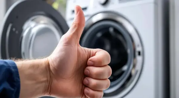 Pouce levé devant une machine à laver ouverte, signe d'un branchement machine à laver réussi.