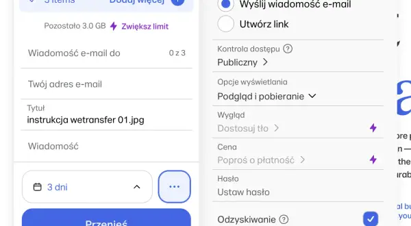 Interfejs usługi wetransfer co to jest? Wysyłanie plików, ustawianie tytułu "instrukcja wetransfer 01.jpg", wybór daty ważności i opcji wysyłki.