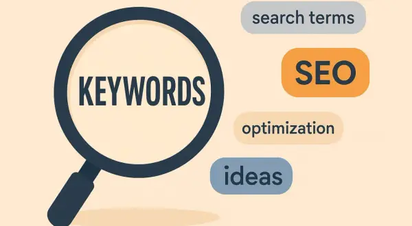 Lupa amplía la palabra "KEYWORDS". Al lado, burbujas con "search terms", "SEO", "optimization" e "ideas", clave para tus palabras claves Google.