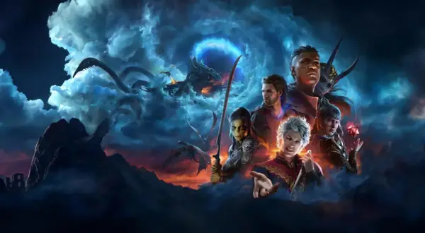 Postacie z Baldur's Gate 3 na tle burzowych chmur i potworów. Ten poradnik pomoże Ci w przygodzie.