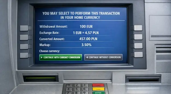 Bankomat wyświetla opcję konwersji waluty przy wypłacie 100 EUR. Karta kredytowa za granicą może generować dodatkowe koszty.