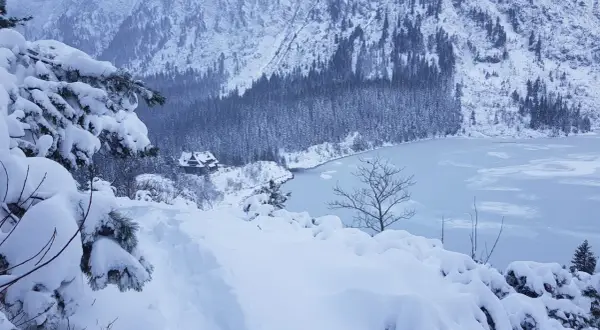 Zimowy krajobraz w Tatrach. Gęsty las i zamarznięte jezioro pokryte śniegiem. W oddali widać schronisko. Zakopane zimą zachwyca.