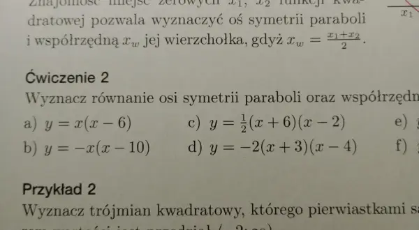 Fragment tekstu matematycznego z równaniami i wykresem paraboli.
