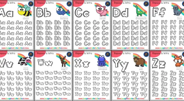 Hojas de caligrafía para imprimir con letras A-Z y dibujos de animales.