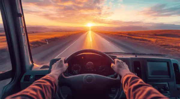 Mani sul volante, un tramonto dorato all'orizzonte. Un viaggio che aiuta a superare la paura di guidare, verso un futuro luminoso.