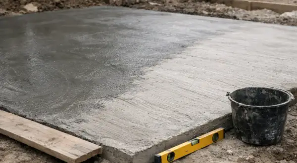 Świeżo wylany, mokry beton na placu budowy. Obok wiadro i poziomica, gotowe do pracy z szybkim betonem.