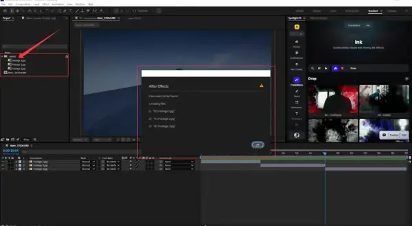 After Effects shows missing files error, indicating how to relink files in After Effects.