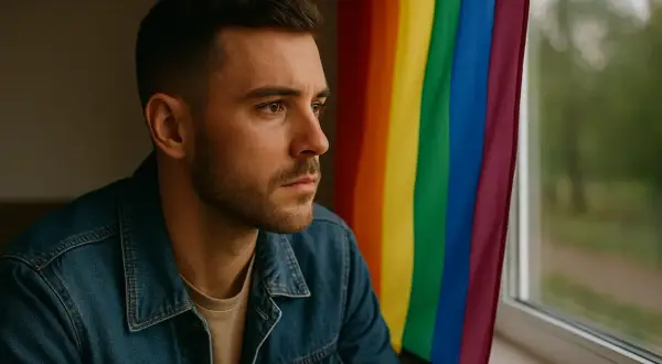 Mężczyzna w dżinsowej kurtce patrzy przez okno, za którym widać tęczową flagę. To symbol jego coming out.
