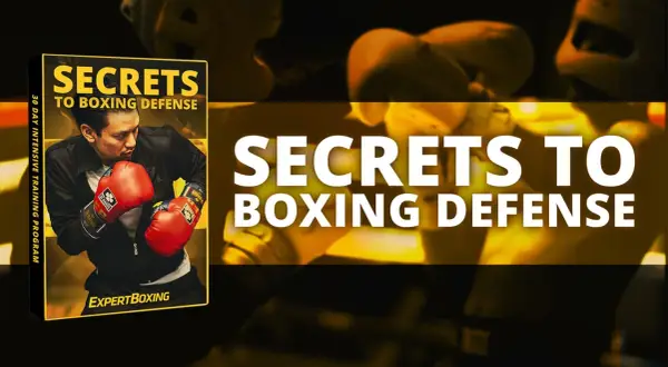 Book cover and graphic promoting "Secrets to Boxing Defense," featuring a boxer in red gloves and the title. Learn essential boxing defense tips.
