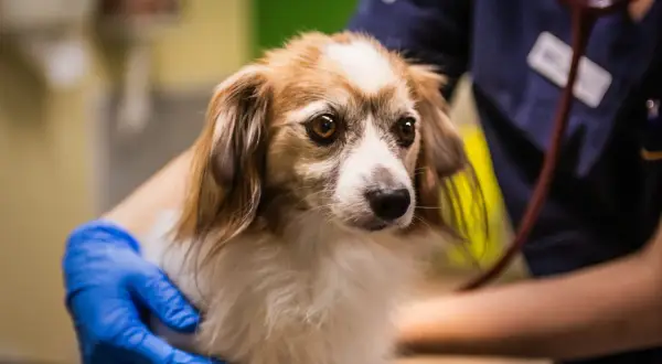 En veterinär med blå handskar håller en orolig hund. Hunden ser ut att må dåligt, kanske har en hund spyr gult.