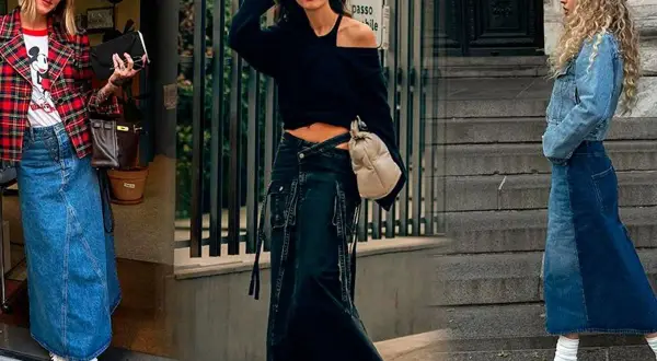 Tres mujeres lucen una falda vaquera larga. La de la izquierda, con chaqueta de cuadros y camiseta de Mickey. La del centro, con top negro y falda de cargo. La de la derecha, con chaqueta vaquera y pañuelo.