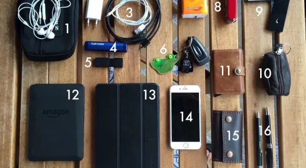 Organización de objetos para el everyday carry: auriculares, cargador, cables, power bank, USB, llavero, pañuelos, navaja, tarjeta, billetera, funda, móvil, tarjetero y bolígrafos.