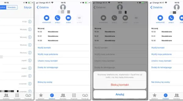 Ekran iPhone'a pokazujący listę ostatnich połączeń, z opcją "Blokuj kontakt", która jest kluczowa, jak zablokować numer.