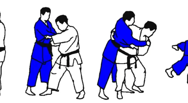 Ilustracje pokazują sekwencję rzutów judo. Jeden z zawodników ma żółty pas judo.