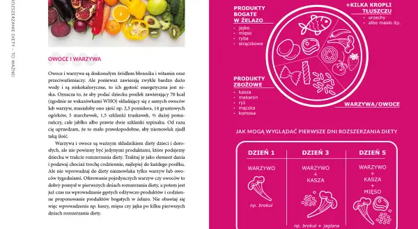 Kolorowy talerz niemowlaka z podziałem na grupy produktów, obok zdjęcie owoców i warzyw. Tekst o rozszerzaniu diety niemowląt.