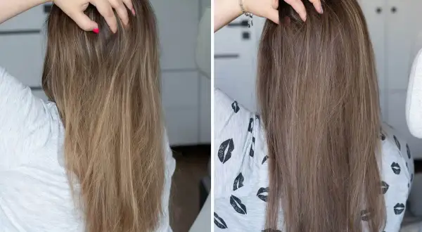 Przed i po: blond włosy zyskały głębszy, chłodniejszy odcień.