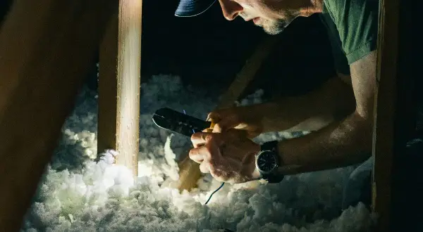 Man arbetar i isolering på en vind, kanske för att installera en avfuktare vind.
