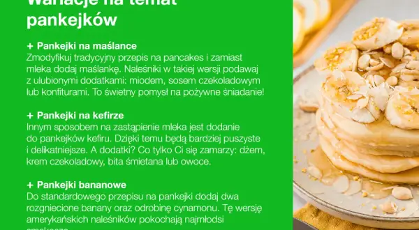 Prosty przepis na pankejki: bananowe, na maślance lub kefirze. Stos na talerzu z bananami i syropem.