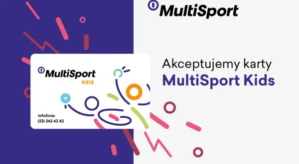 Karta MultiSport Kids na tle kolorowych kształtów i logo.