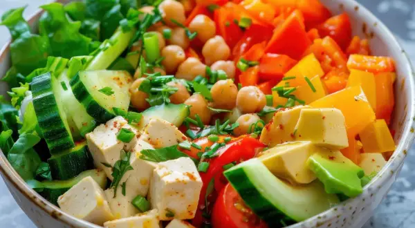 Salade colorée de pois chiches, concombre, poivrons, tomates et tofu en dés.