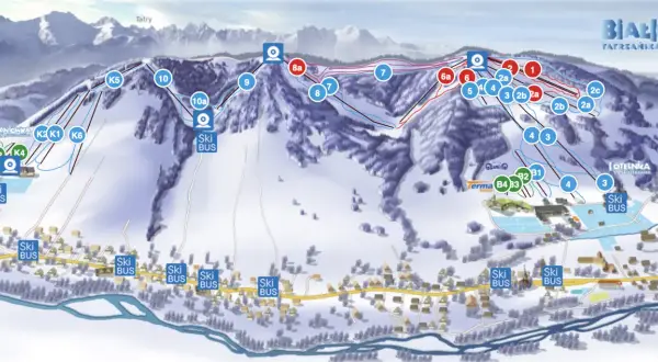 Mapa wyciągów narciarskich w Bukowinie Tatrzańskiej. Widoczne trasy, wyciągi (oznaczone numerami) i punkty obsługi Ski Bus.