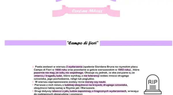 Wiersz "Campo di fiori" Czesława Miłosza zestawia spalenie Giordana Bruna z powstaniem w getcie warszawskim, ukazując obojętność i brak tolerancji.