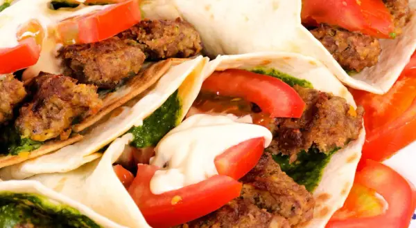 Kebab w tortilli z mięsem, pomidorami, zielonym sosem i majonezem.