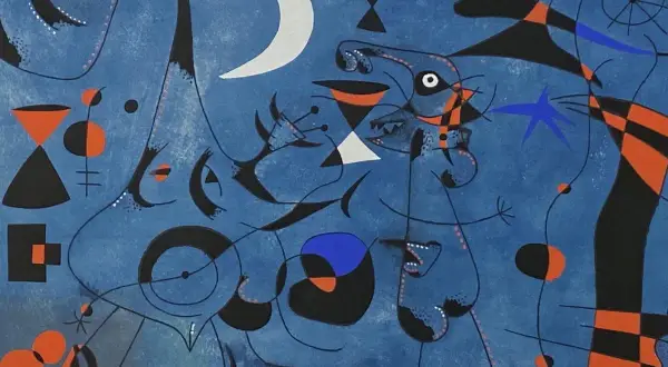 Abstrakcyjny obraz w stylu Miró. Niebieskie tło, księżyc, gwiazdy, figury geometryczne i organiczne formy.