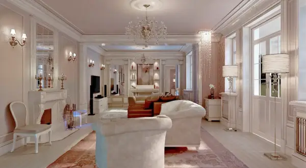 Elegancki salon w stylu francuskim, z kryształowymi żyrandolami, kominkiem i wygodnymi sofami.