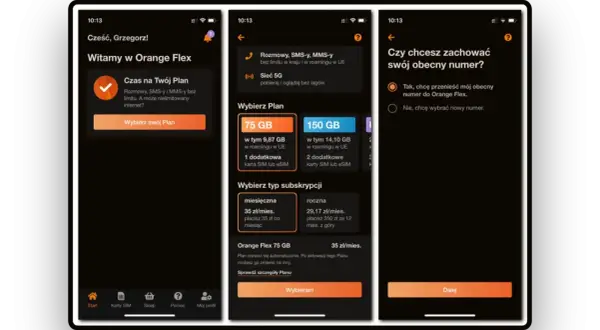 Aplikacja Orange Flex pozwala na wybór planu i przeniesienie numeru. Wybierz 75 GB lub 150 GB, a potem zdecyduj o subskrypcji.