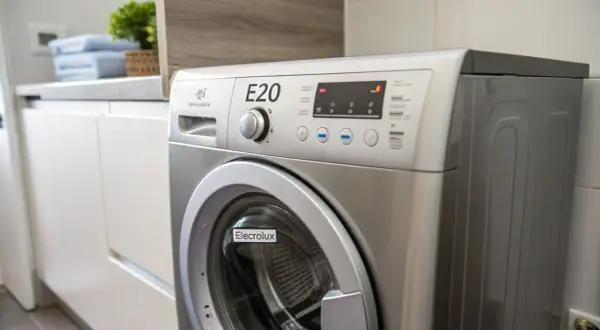 Pralka Electrolux z wyświetlonym błędem E20. Na blacie obok stoją złożone ręczniki i roślina.