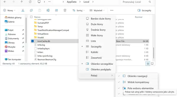 W Eksploratorze plików Windows, menu "Wyświetl" pokazuje opcje widoku. Wybrano "Szczegóły", a podmenu "Pokaż" zawiera opcje takie jak "Okienko nawigacji". Żądane zasoby są w użyciu.