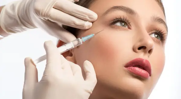 Delikatna aplikacja baby botox w okolicę oka. Dłoń w rękawiczce trzyma strzykawkę, wykonując zabieg.