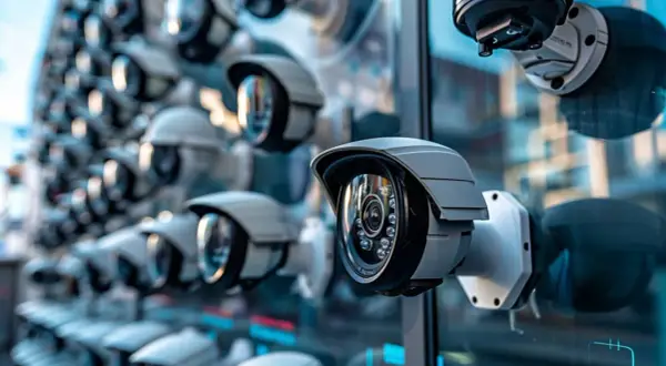 Une rangée de caméras de surveillance, certaines avec des LED pour la vision nuit, surveillent les environs.