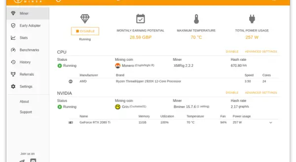 Program do kopania kryptowalut Cudo Miner pokazuje status kopania CPU i NVIDIA. Widoczny jest potencjał zarobkowy, temperatura i zużycie energii.