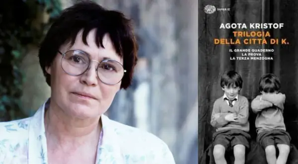 Ritratto di Agota Kristof accanto alla copertina de "La trilogia della città di K.", che narra le vicende di due gemelli.