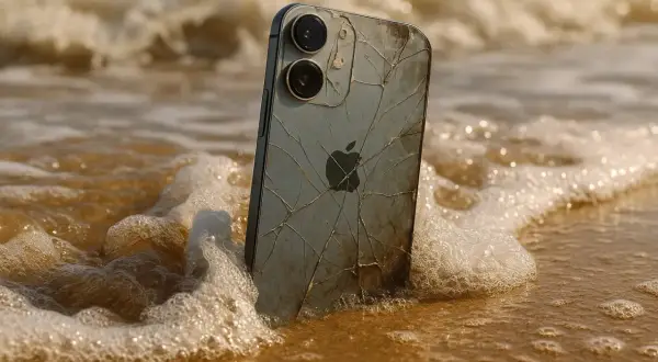 Un iPhone 12, malgré sa résistance à l'eau, est échoué sur une plage, les vagues léchant son dos fissuré.