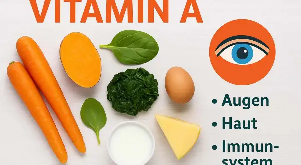 Karotten, Süßkartoffel, Spinat, Ei, Käse und Milch – Lebensmittel reich an Vitamin A für gesunde Augen, Haut und Immunsystem.