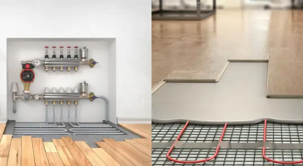 Système de chauffage par le sol : le réglage température plancher chauffant est assuré par un collecteur et des tuyaux intégrés sous le parquet.